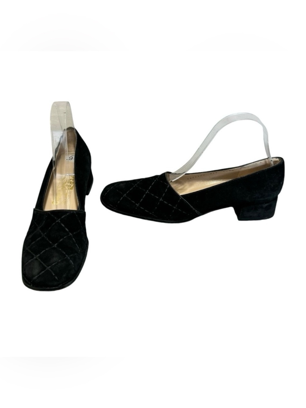 Salvatore Ferragamo Quilted Suede Square Toe Chunky Heels Size 9.5 Narrow
